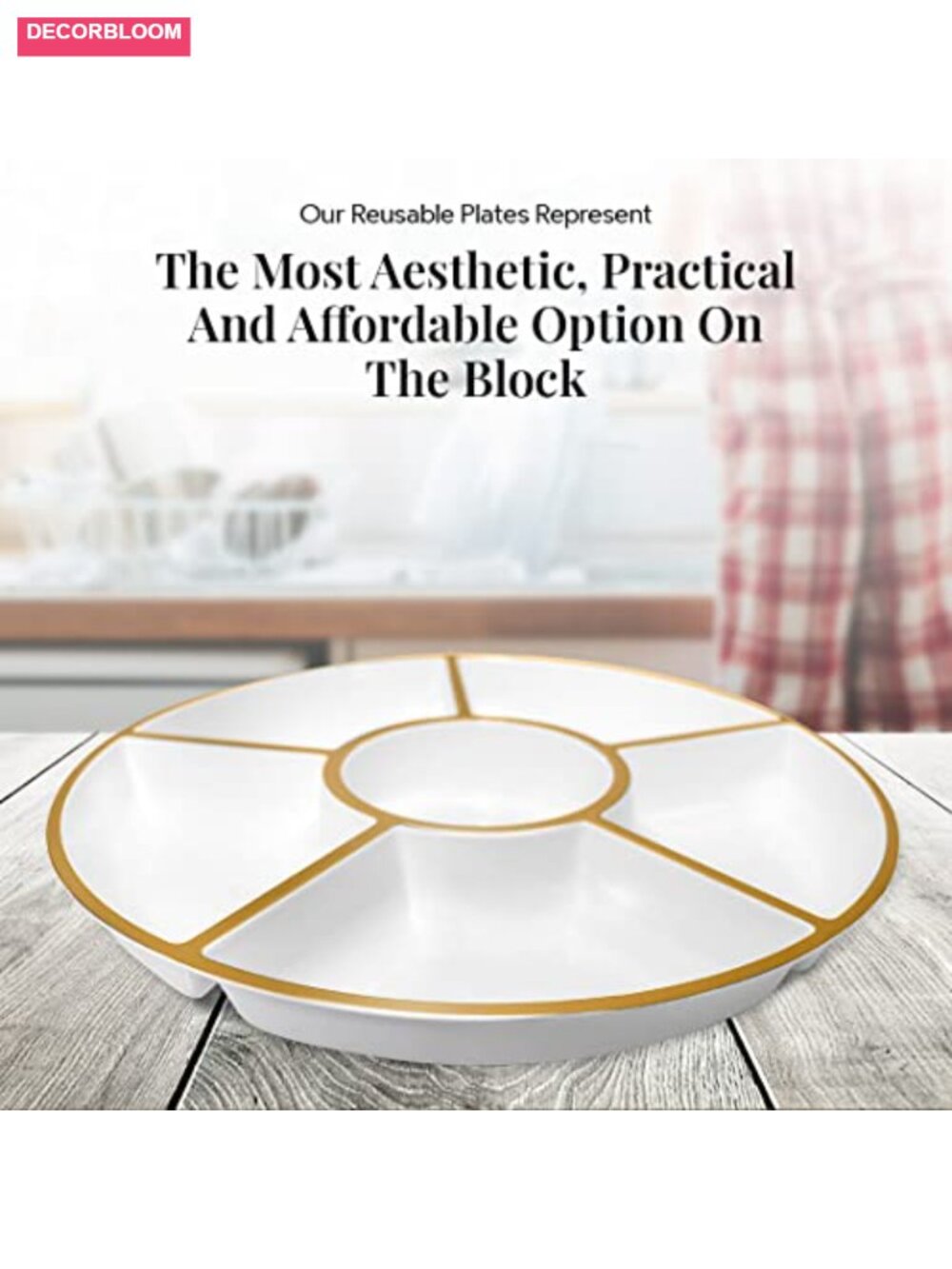 4 Pack 6-Section White Plastic Serving Trays Gold Rim 12" Platters - Picture 4 of 5